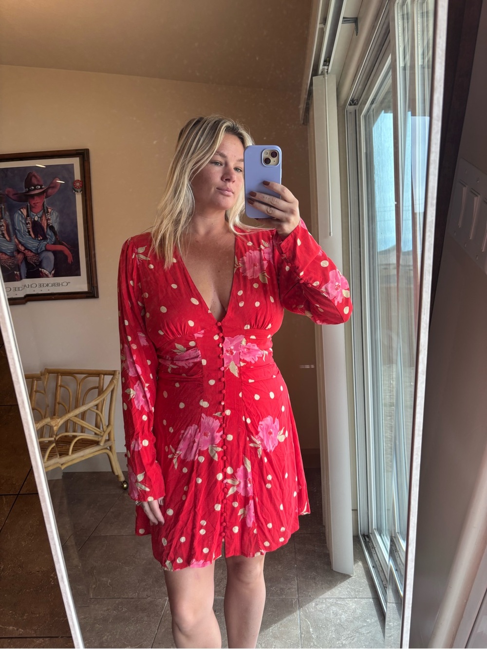 Red Floral Polka Dot V-Neck Mini Dress with Buttons